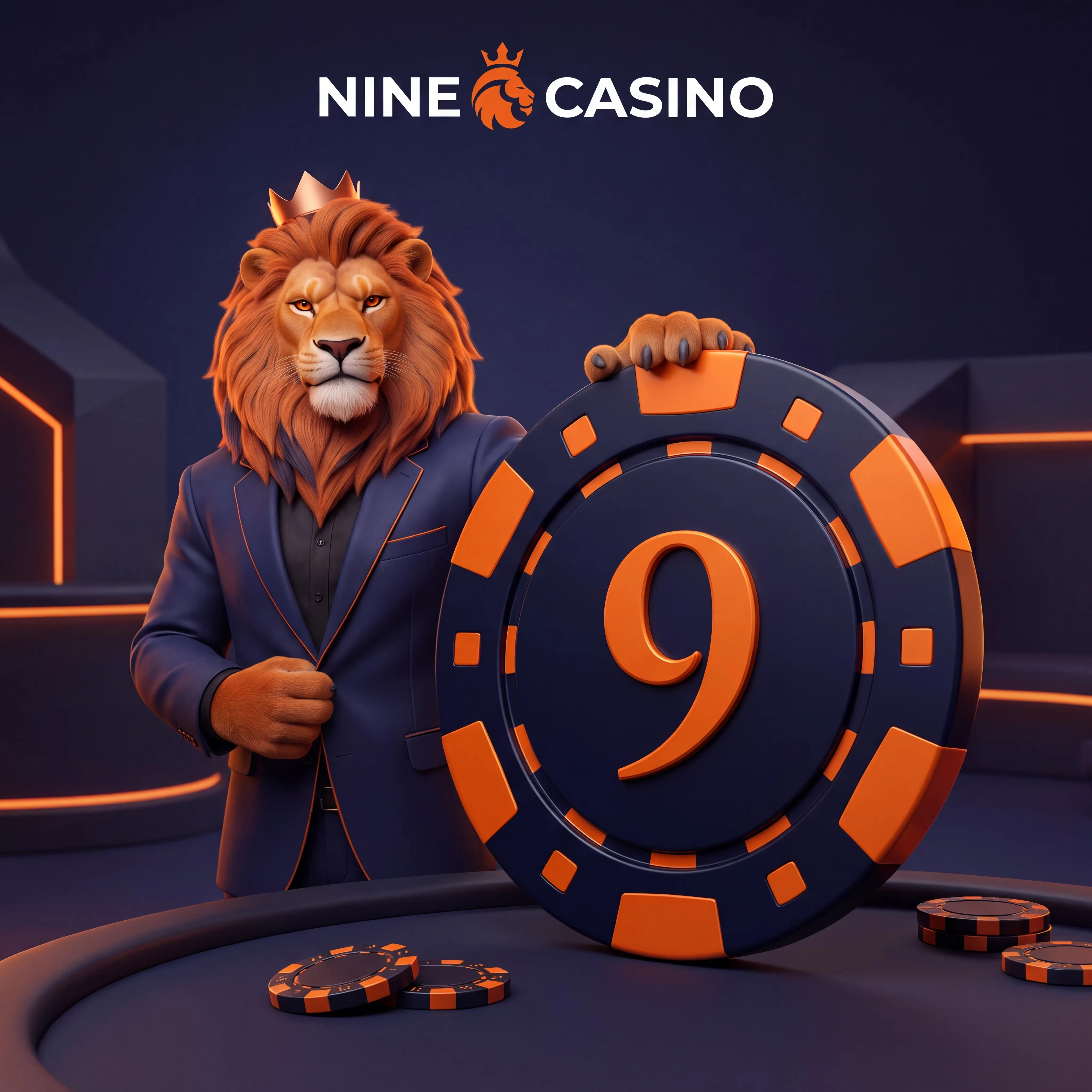 Nine Casino lion beside a gold number nine token
