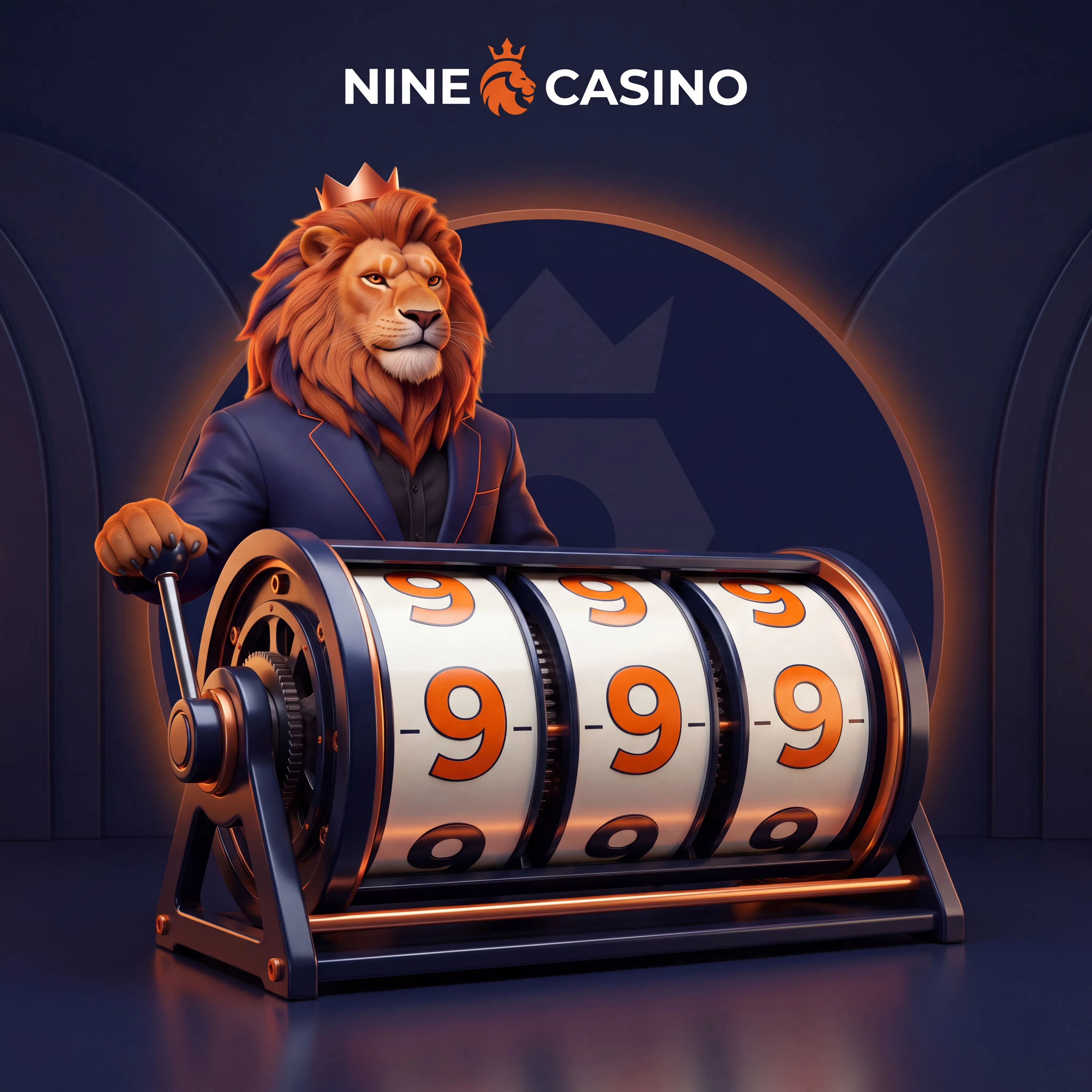 Nine Casino lion beside a triple-nine slot machine