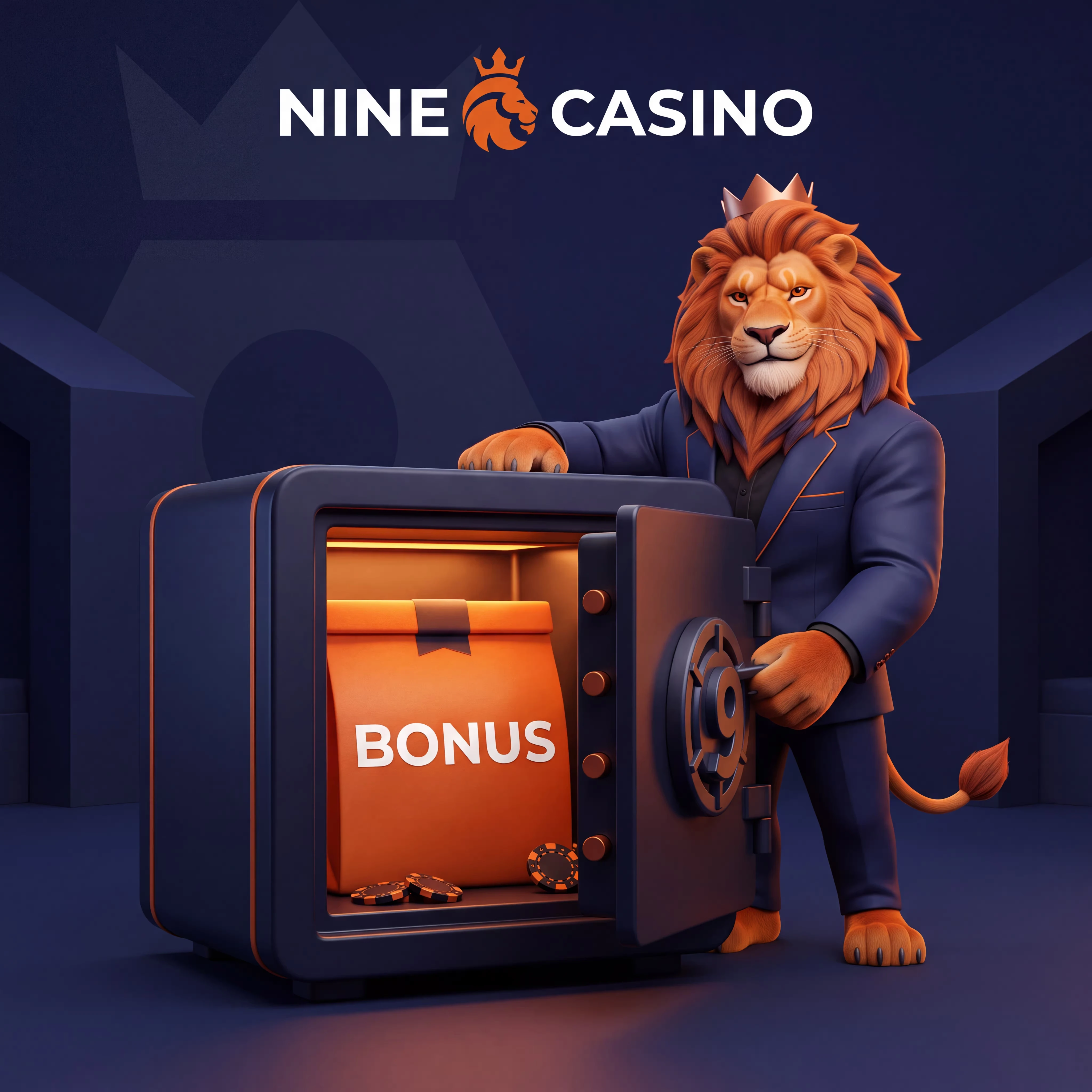 Nine Casino lion beside a bonus vault